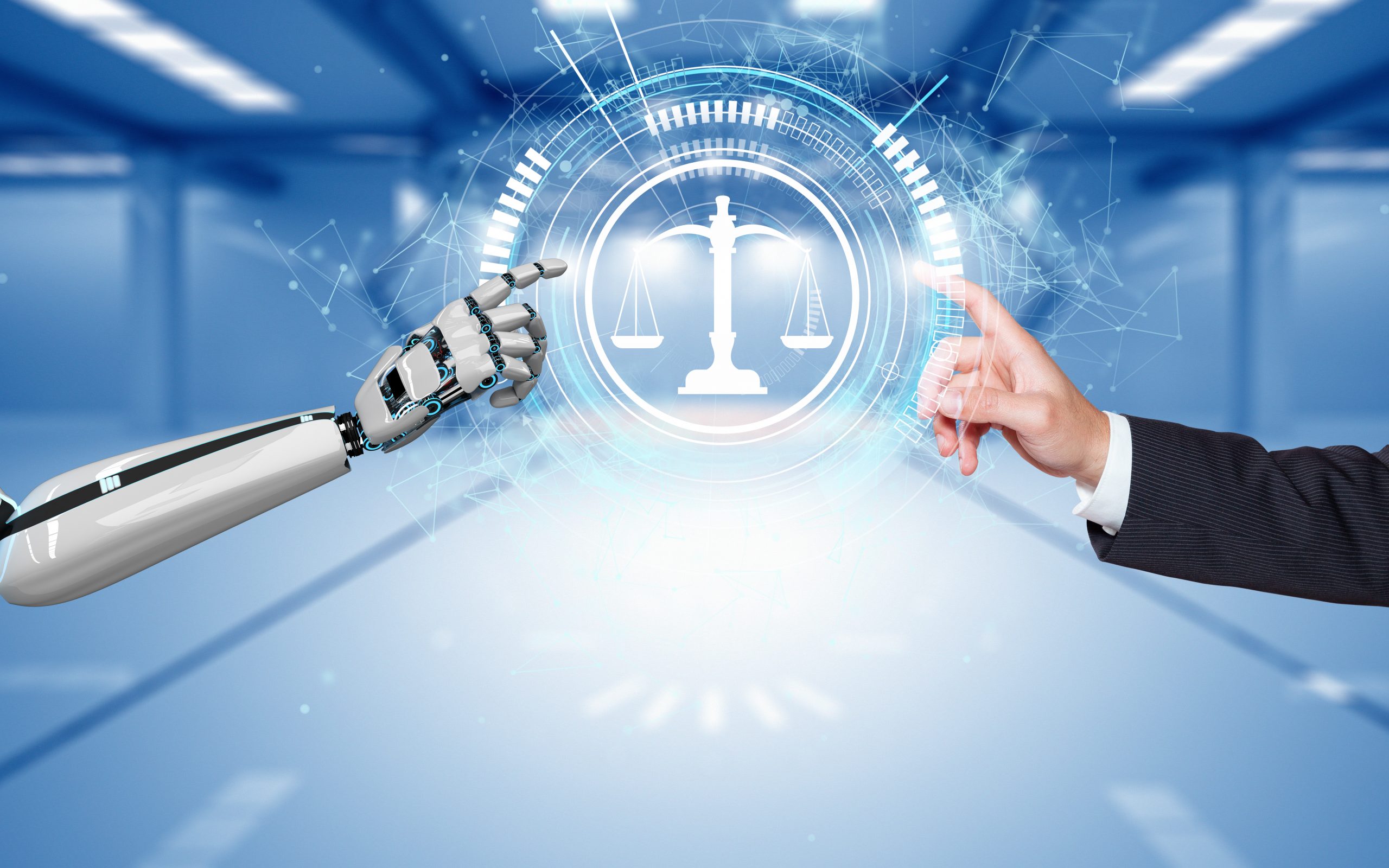 Businessman Robot Hands Law Connection HUD Network